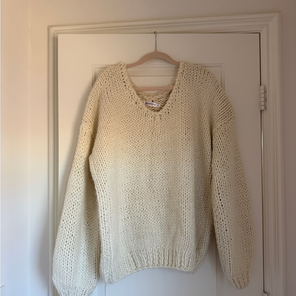 Beginning Boutique Cream Chunky V-Neck Sweater